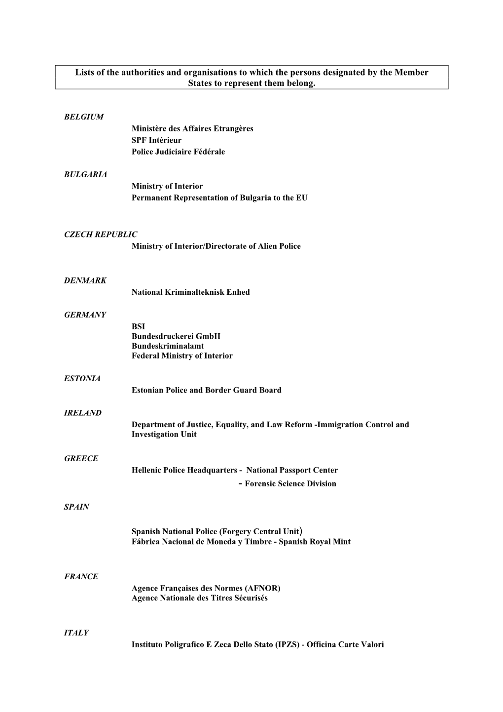 Lists of the Authorities and Organisations to Which the Persons Designated by the Member States to Represent Them Belong