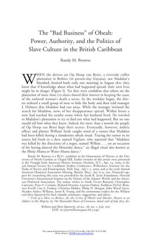 “Bad Business” of Obeah: Power, Authority, and the Politics of Slave Culture in the British Caribbean