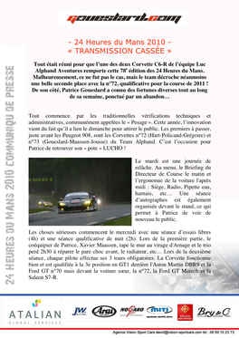 Communiqué De Presse Patrice Goueslard 24H Du Mans