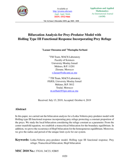 Bifurcation Analysis for Prey-Predator Model with Holling Type III Functional Response Incorporating Prey Refuge