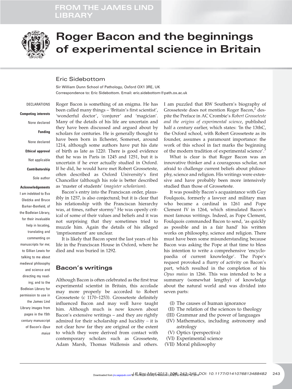 Roger Bacon and the Beginnings of Experimental Science in Britain