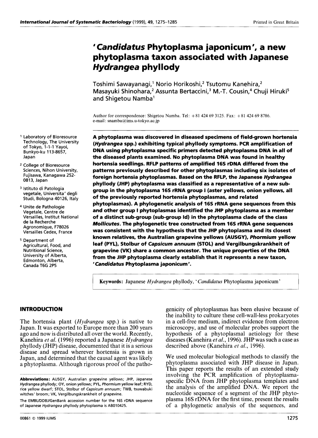 A New Phytoplasma Taxon Associated with Japanese Hydrangea Phyllody