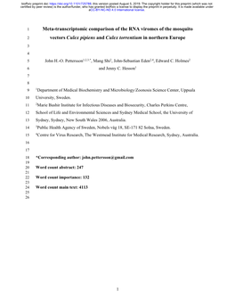 Meta-Transcriptomic Comparison of the RNA Viromes of the Mosquito Vectors Culex Pipiens and Culex Torrentium in Northern Europe