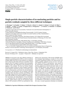 Single-Particle Characterization of Ice-Nucleating Particles and Ice Particle Residuals Sampled by Three Different Techniques