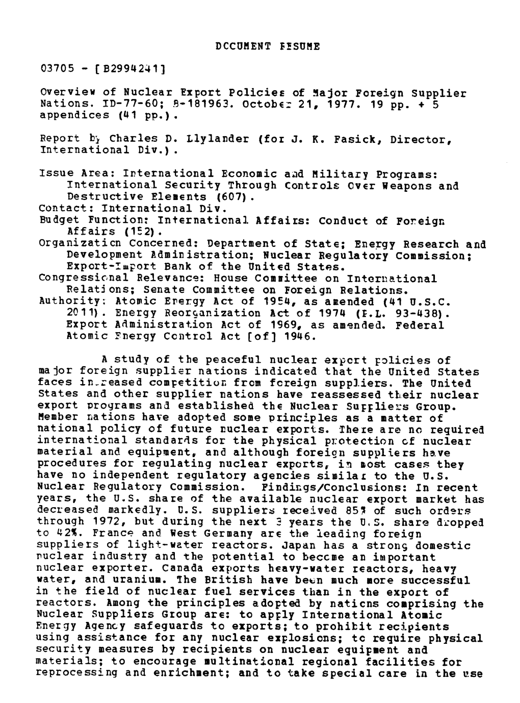 ID-77-60 Overview of Nuclear Export Policies of Major Foreign Supplier