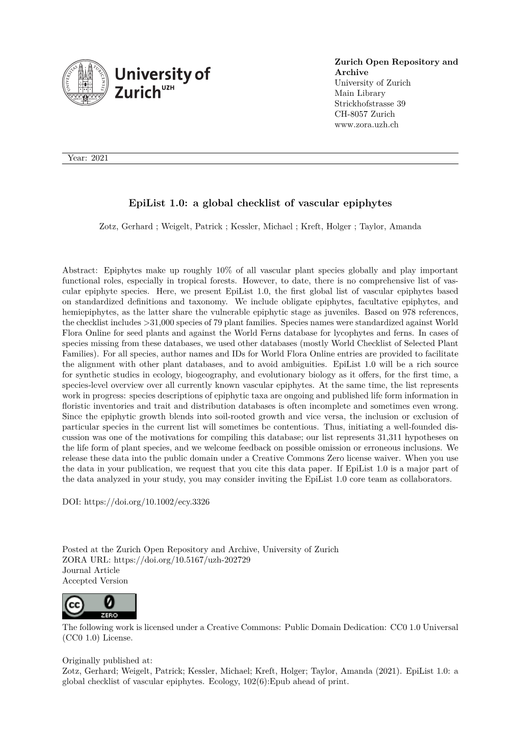 Epilist 1.0: a Global Checklist of Vascular Epiphytes