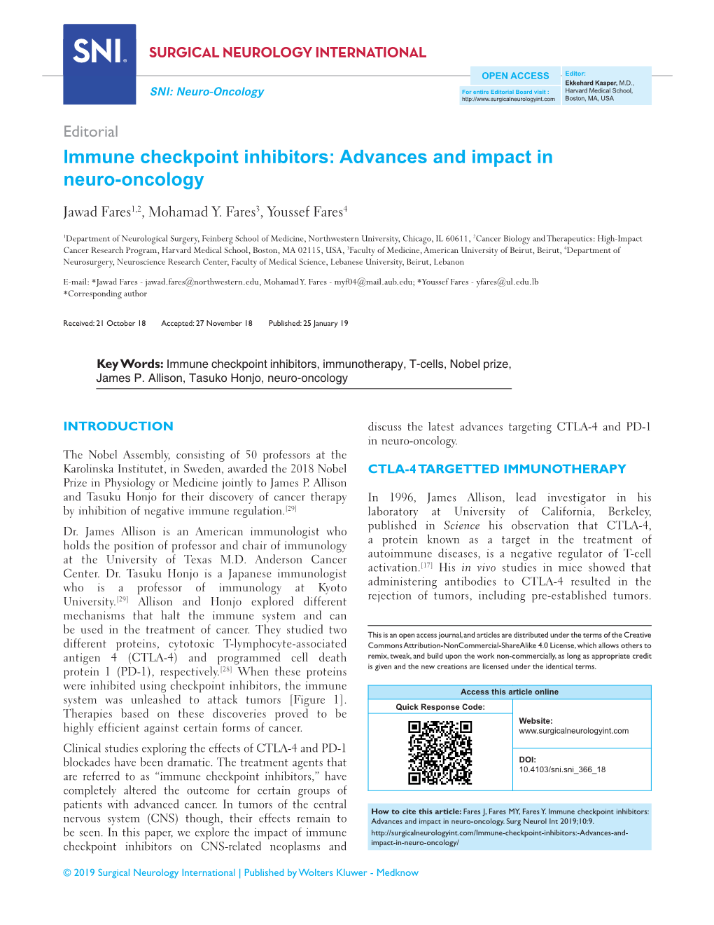 Immune Checkpoint Inhibitors: Advances and Impact in Neuro‑Oncology Jawad Fares1,2, Mohamad Y