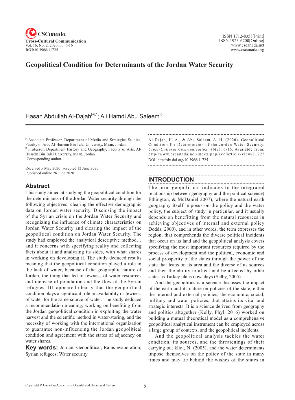 Geopolitical Condition for Determinants of the Jordan Water Security