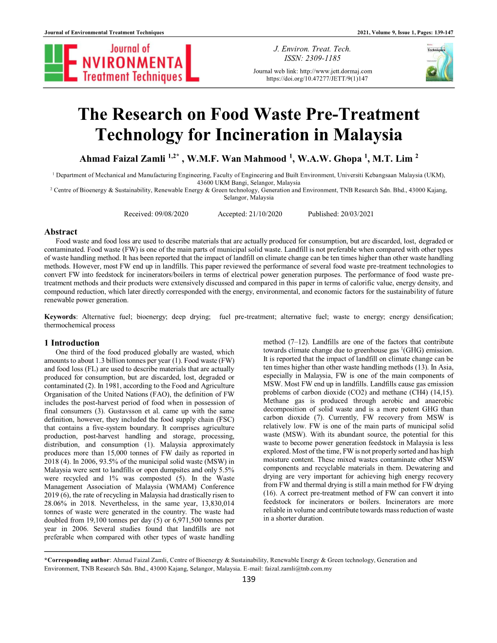 The Research on Food Waste Pre-Treatment Technology for Incineration in Malaysia
