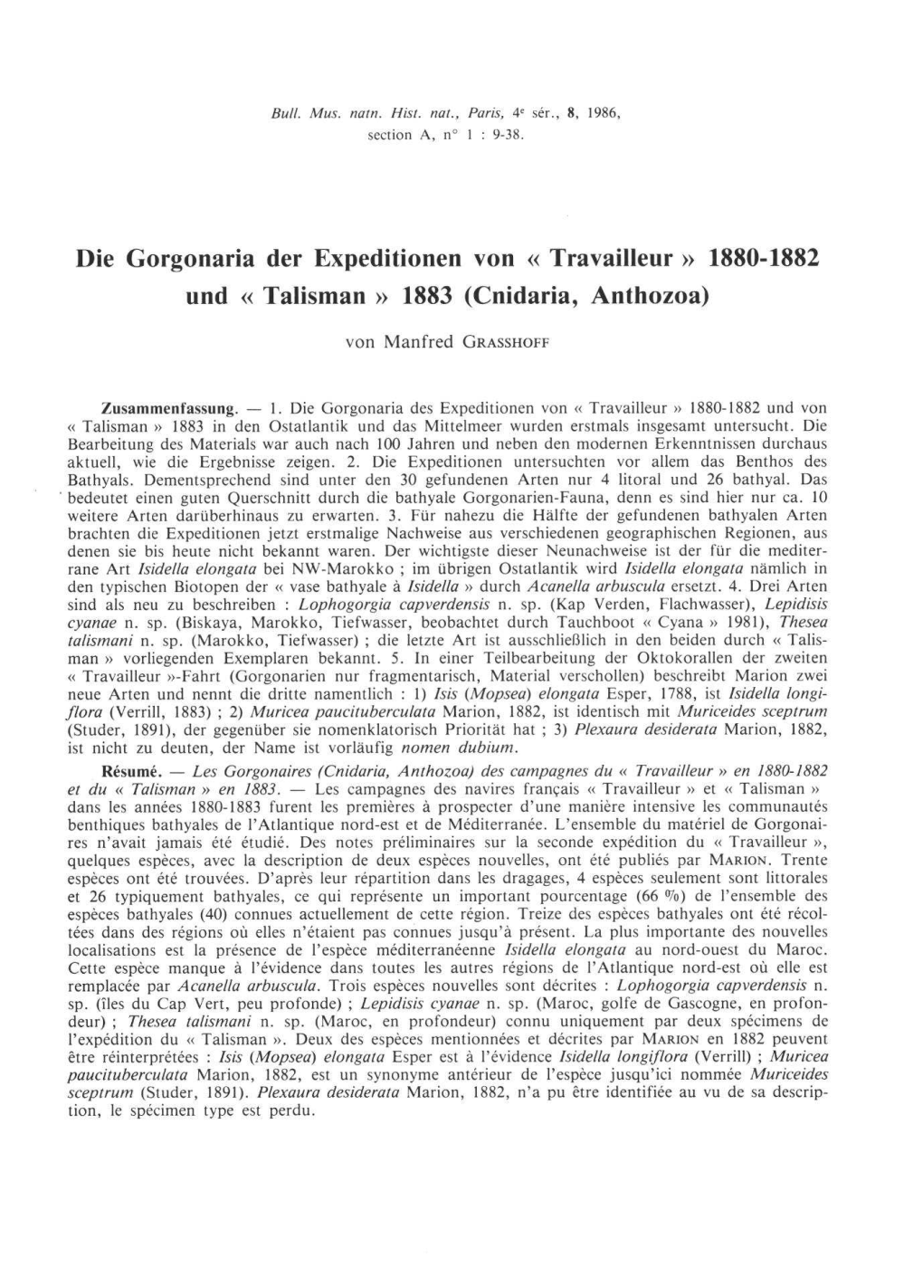 Die Gorgonaria Der Expeditionen Von « Travailleur » 1880-1882 Und « Talisman » 1883 (Cnidaria, Anthozoa)