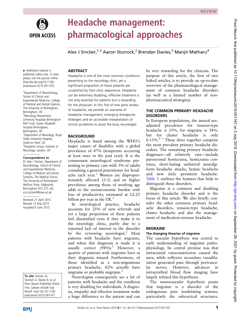 Headache Management: Pharmacological Approaches