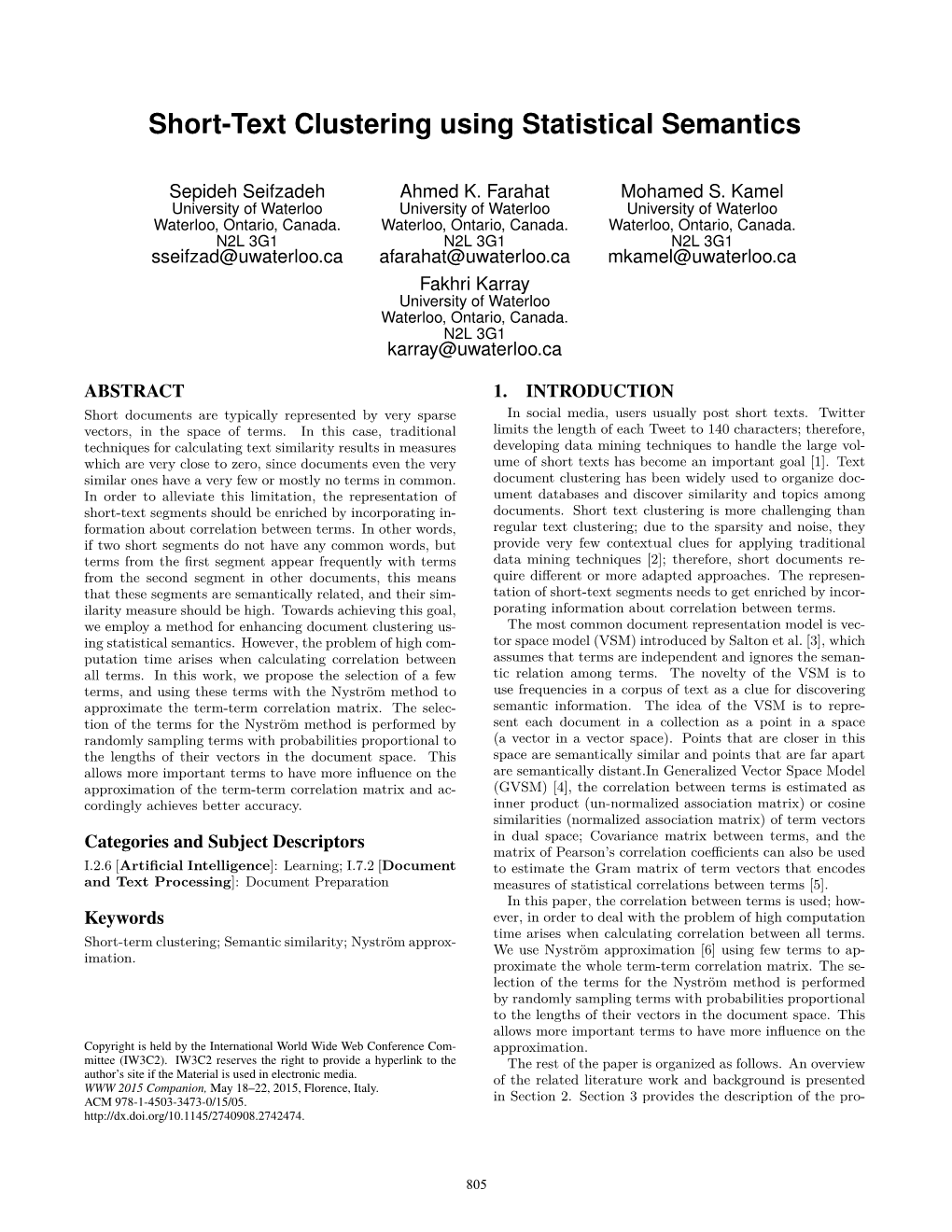 Short-Text Clustering Using Statistical Semantics