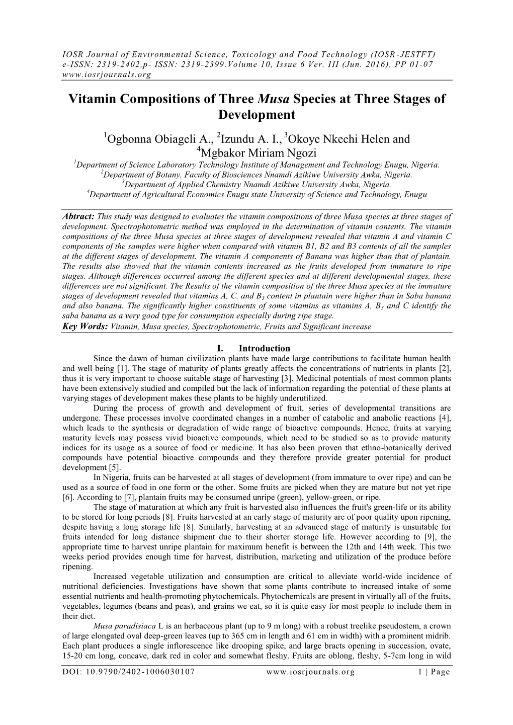 Vitamin Compositions of Three Musa Species at Three Stages of Development