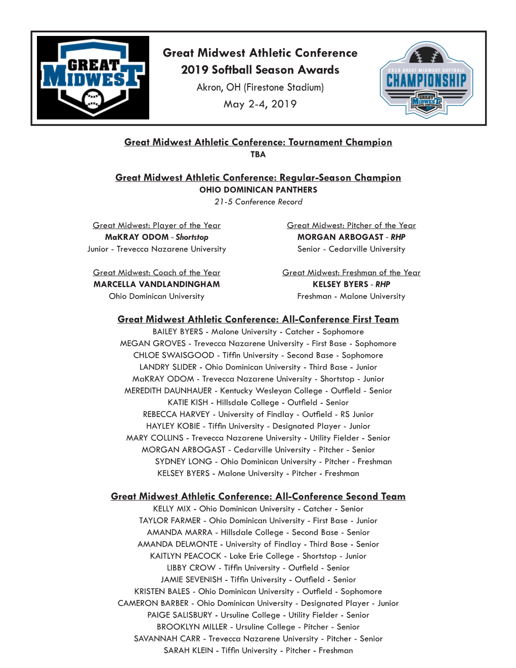 Great Midwest Athletic Conference 2019 Softball Season Awards Akron, OH (Firestone Stadium) May 2-4, 2019