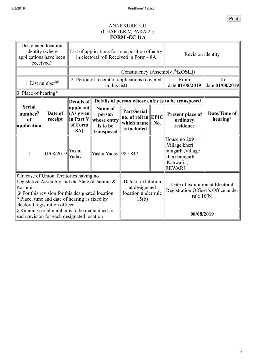 ANNEXURE 5.11 (CHAPTER V, PARA 25) FORM -EC 11A Designated Location Identity (Where Applications Have Been Received) List Of