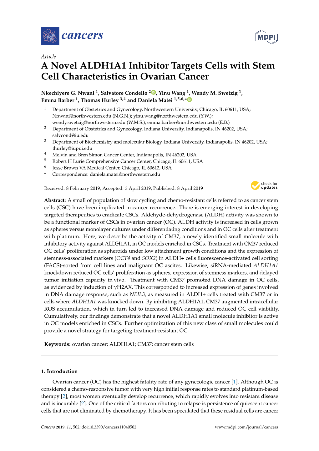 A Novel ALDH1A1 Inhibitor Targets Cells with Stem Cell Characteristics in Ovarian Cancer