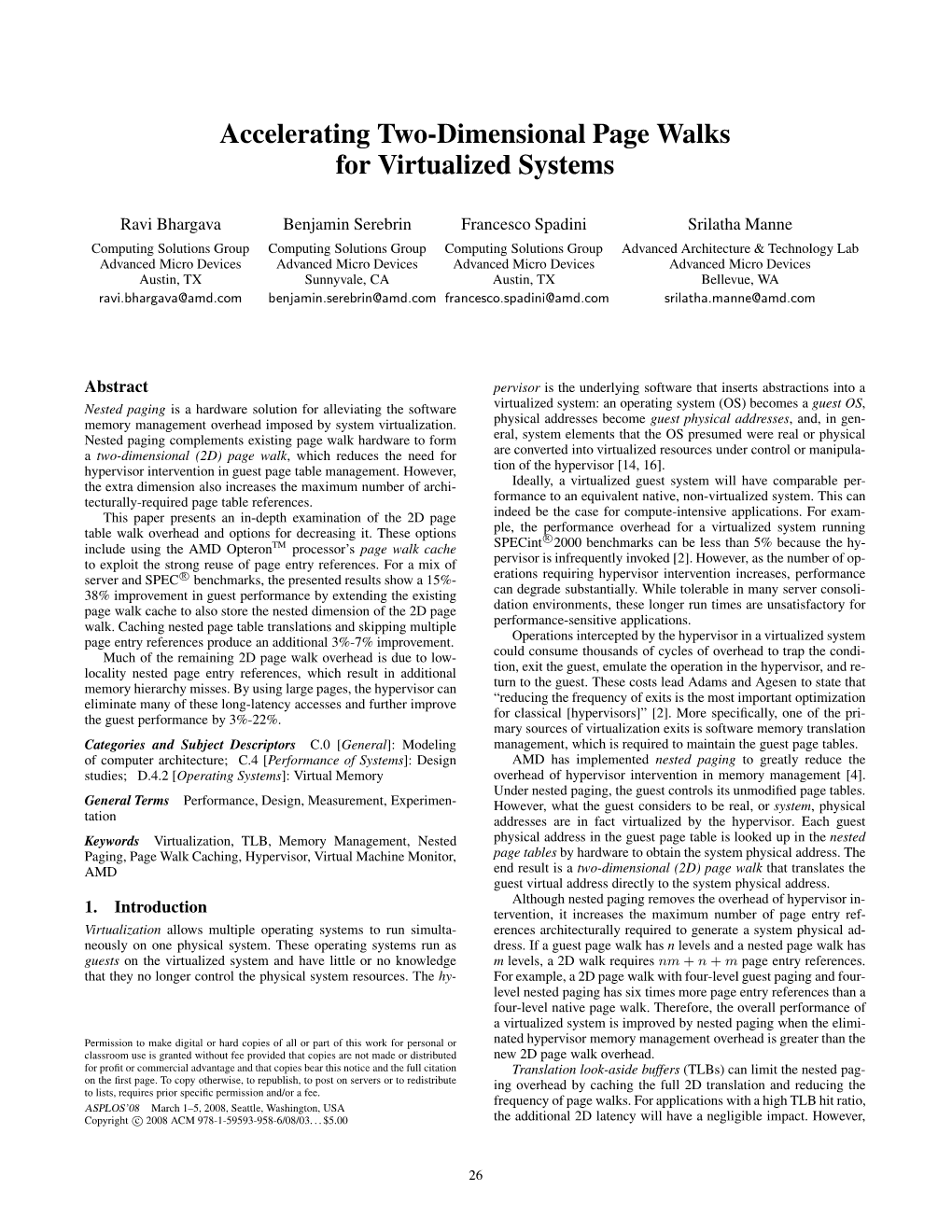 Accelerating Two-Dimensional Page Walks for Virtualized Systems