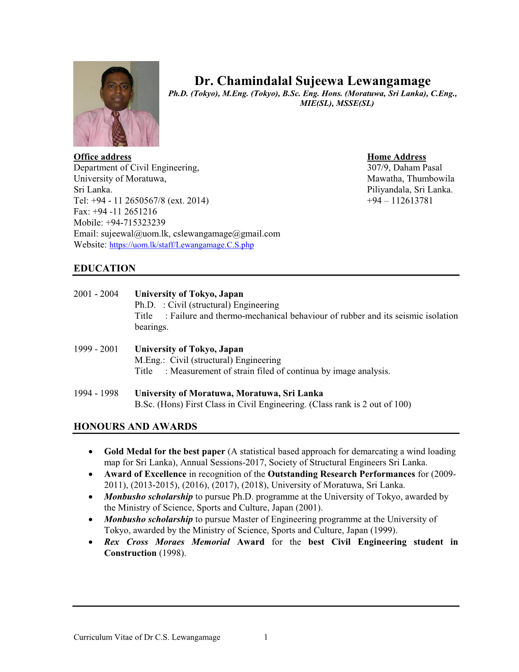 Curriculum Vitae of Dr C.S