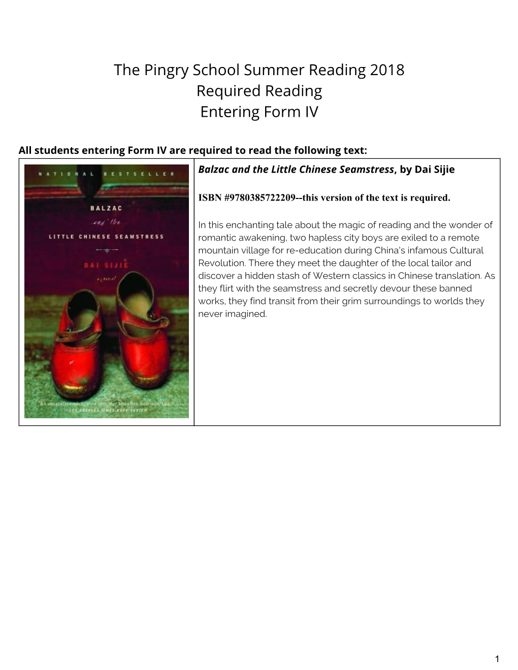 The Pingry School Summer Reading 2018 Required Reading Entering Form IV