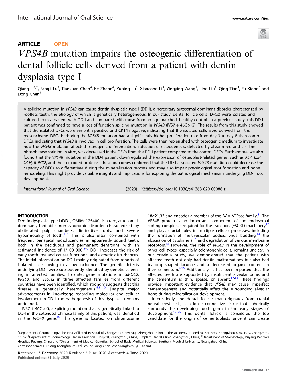 VPS4B Mutation Impairs the Osteogenic Differentiation of Dental Follicle Cells Derived from a Patient with Dentin Dysplasia Type I