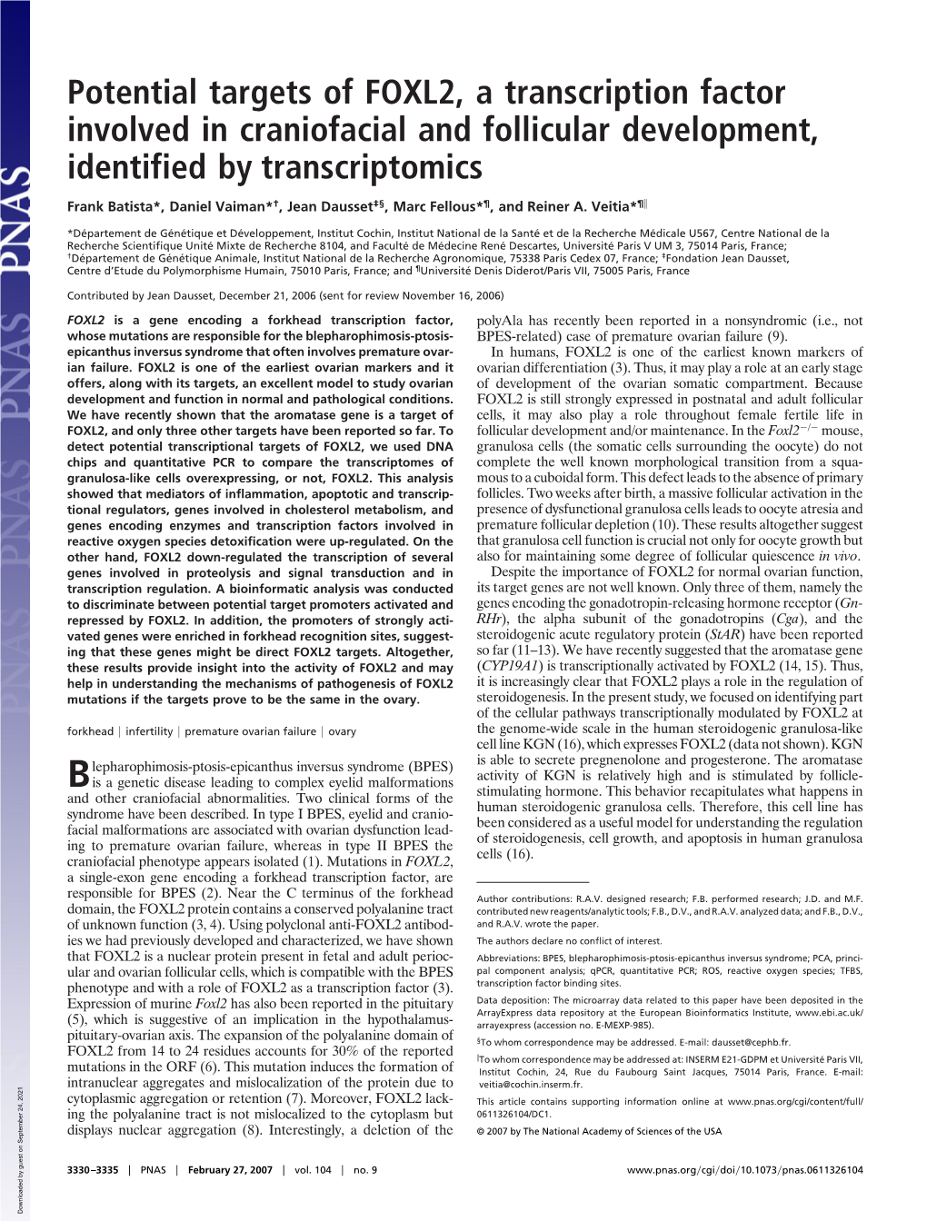 Potential Targets of FOXL2, a Transcription Factor Involved in Craniofacial and Follicular Development, Identified by Transcriptomics