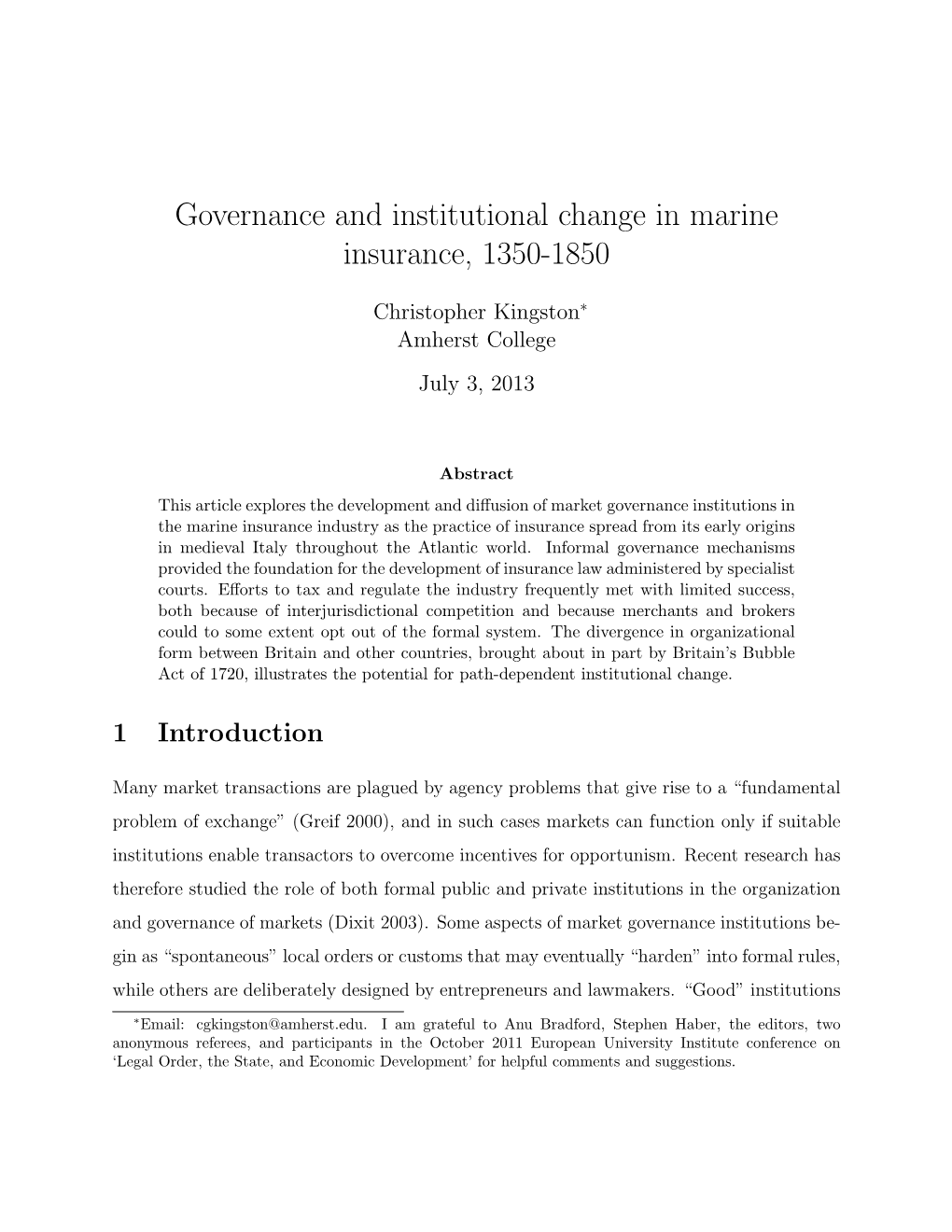 Governance and Institutional Change in Marine Insurance, 1350-1850