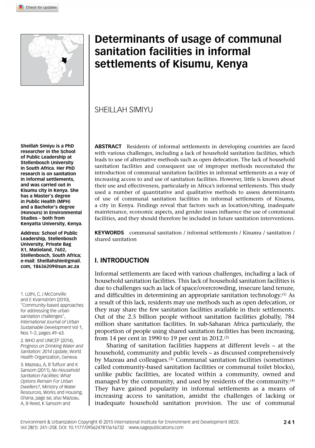 Determinants of Usage of Communal Sanitation Facilities in Informal Settlements of Kisumu, Kenya