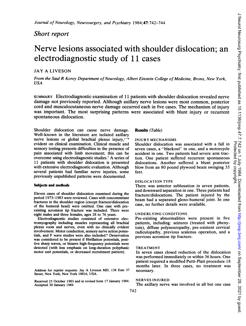 Nerve Lesions Associated with Shoulder Dislocation; an Electrodiagnostic Study of 1 1Cases