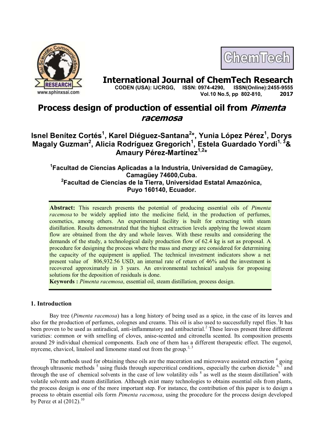 Process Design of Production of Essential Oil from Pimenta Racemosa