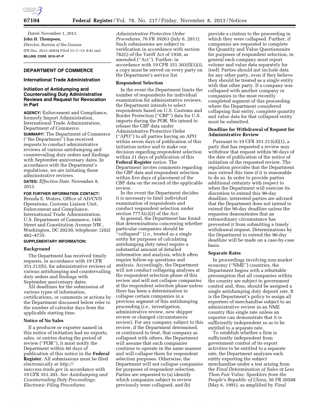 Initiation of Antidumping and Countervailing