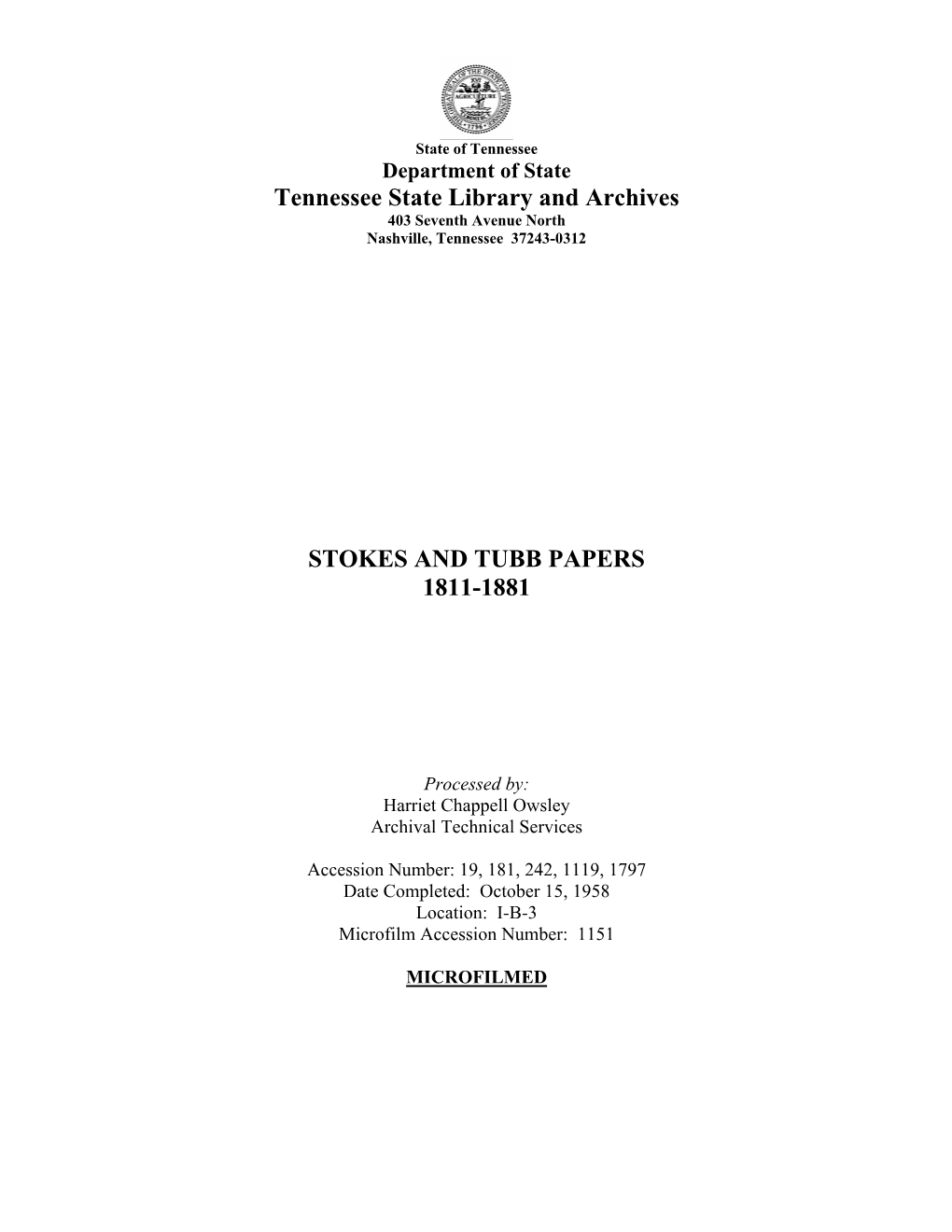 Tennessee State Library and Archives STOKES and TUBB PAPERS 1811-1881