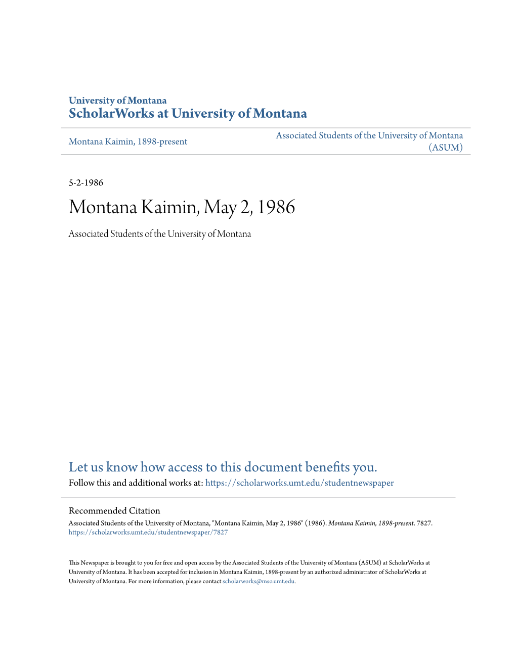 Montana Kaimin, May 2, 1986 Associated Students of the University of Montana
