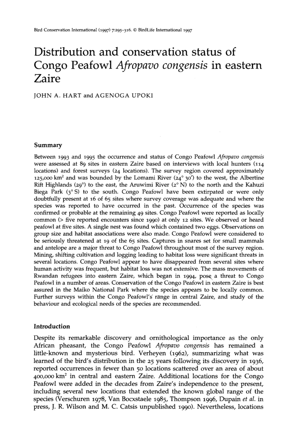 Distribution and Conservation Status of Congo Peafowl Afropavo Congensis in Eastern Zaire