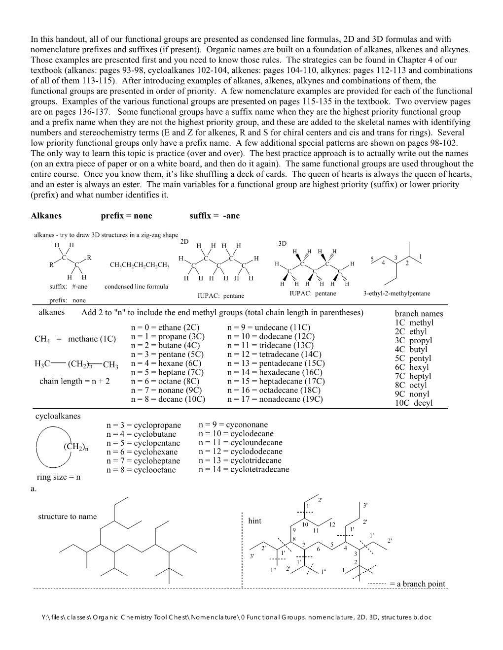 In This Handout, All of Our Functional Groups Are Presented As Condensed Line Formulas, 2D and 3D Formulas and with Nomenclature Prefixes and Suffixes (If Present)