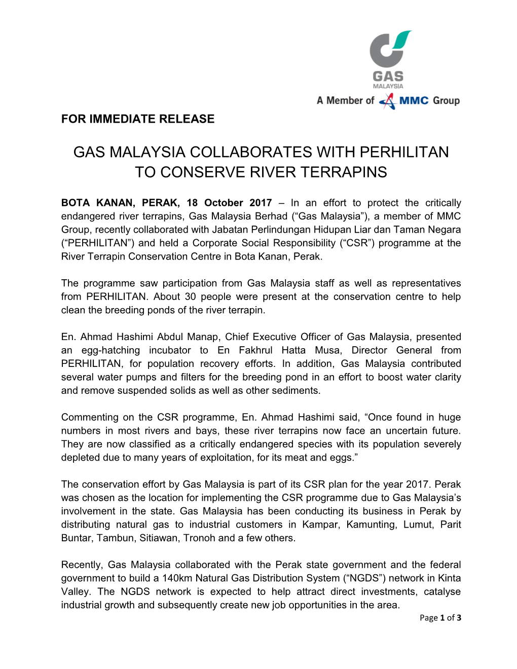 Gas Malaysia Collaborates with Perhilitan to Conserve River Terrapins