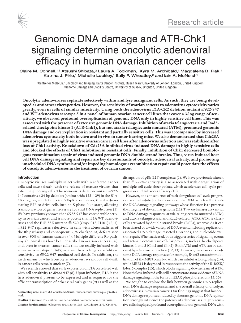 Genomic DNA Damage and ATR-Chk1 Signaling Determine Oncolytic Adenoviral Efficacy in Human Ovarian Cancer Cells Claire M
