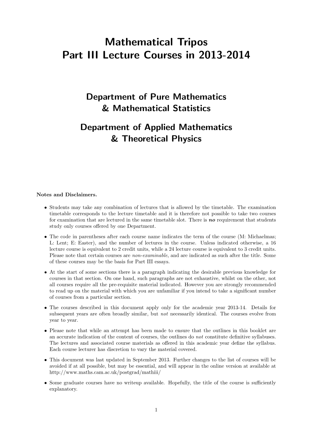 Mathematical Tripos Part III Lecture Courses in 2013-2014