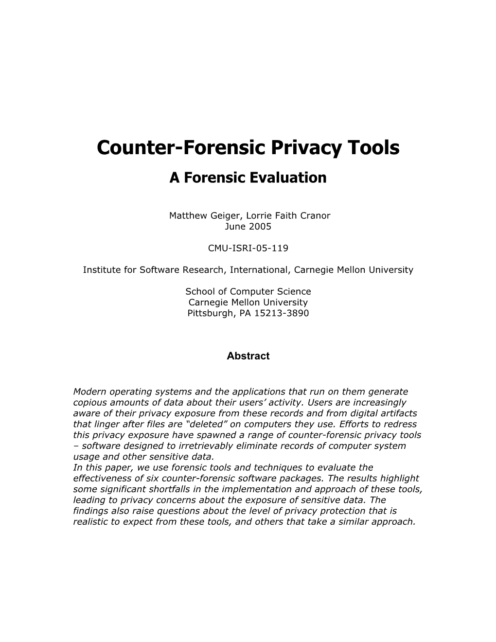 Counter-Forensic Privacy Tools a Forensic Evaluation