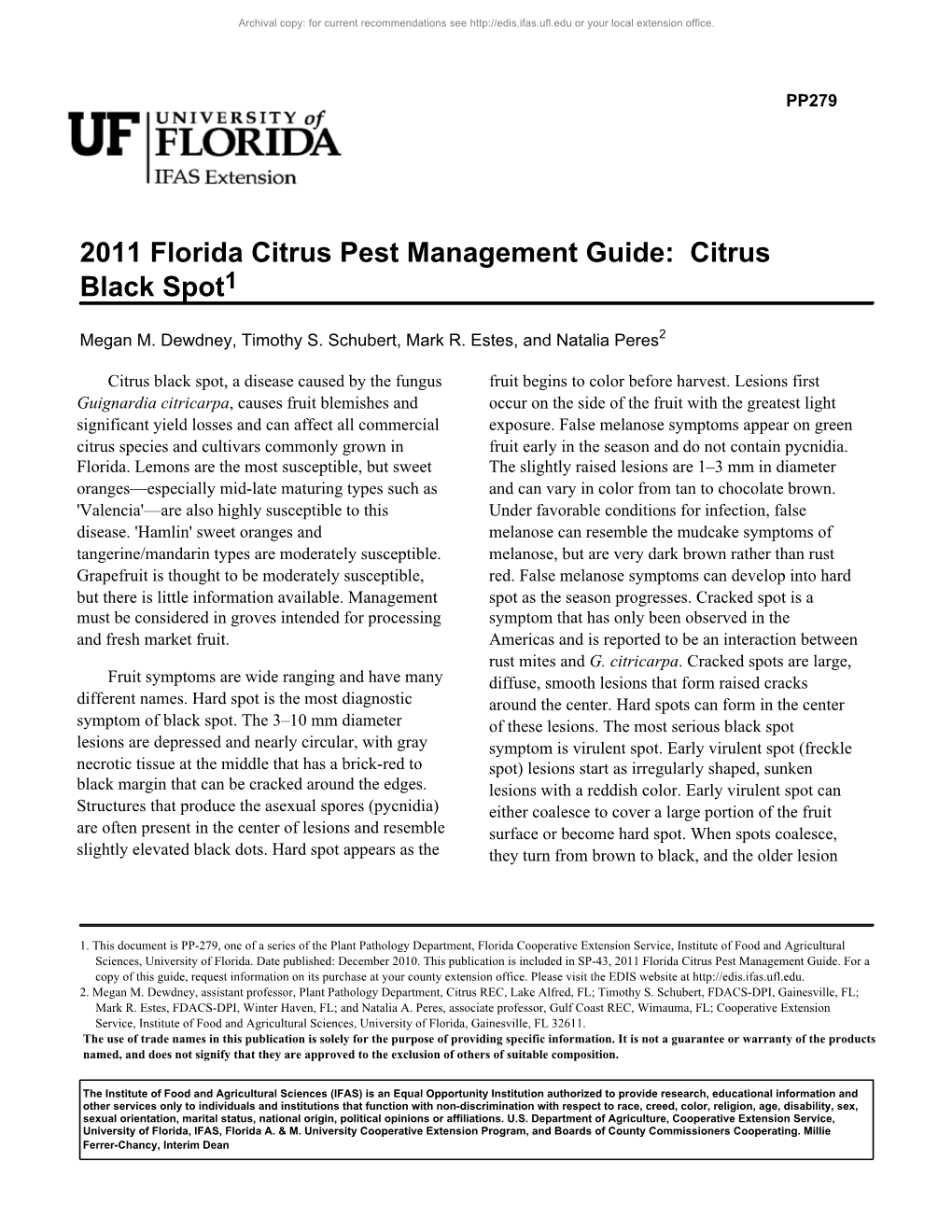 2011 Florida Citrus Pest Management Guide: Citrus Black Spot1