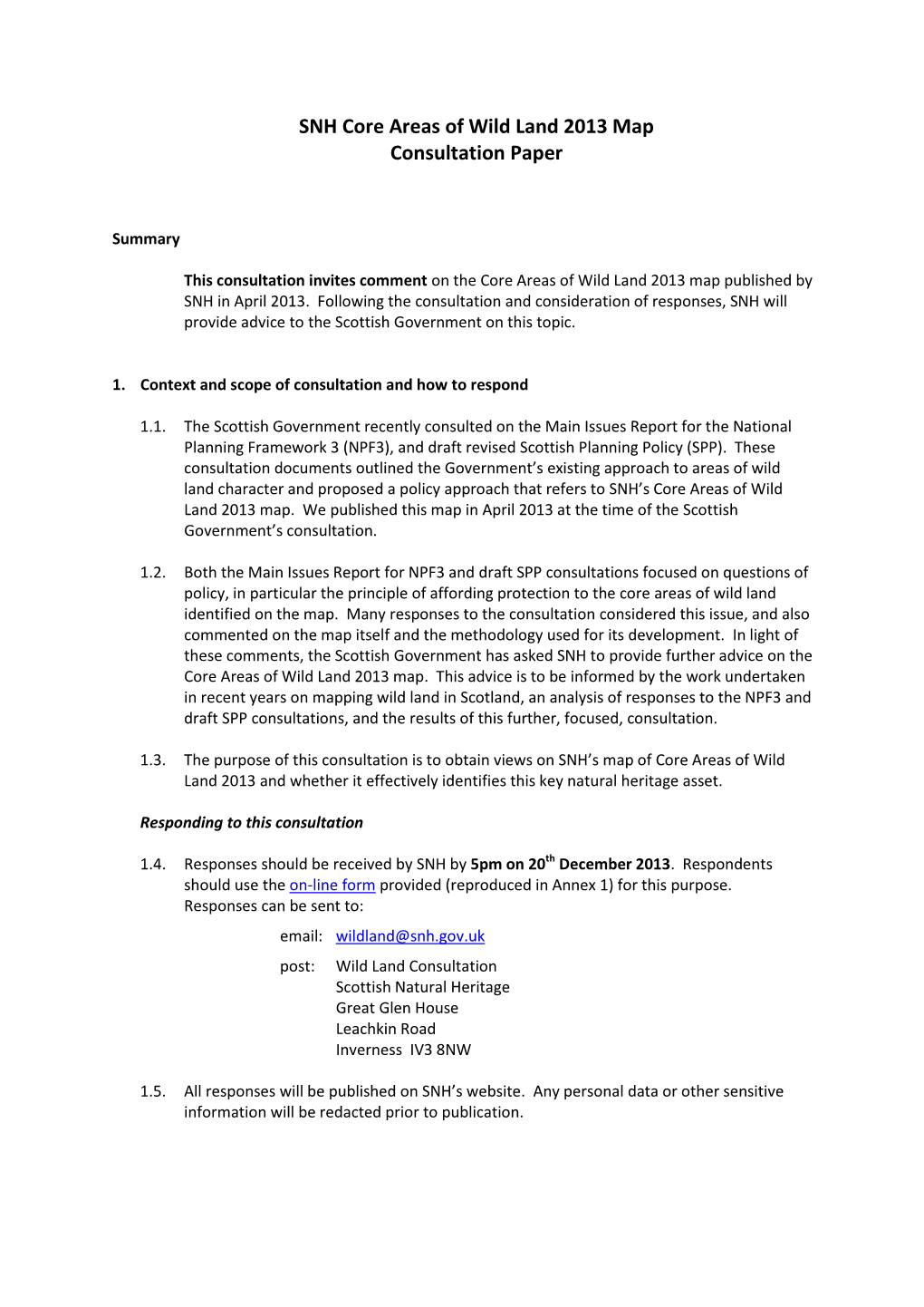 SNH Core Areas of Wild Land 2013 Map Consultation Paper