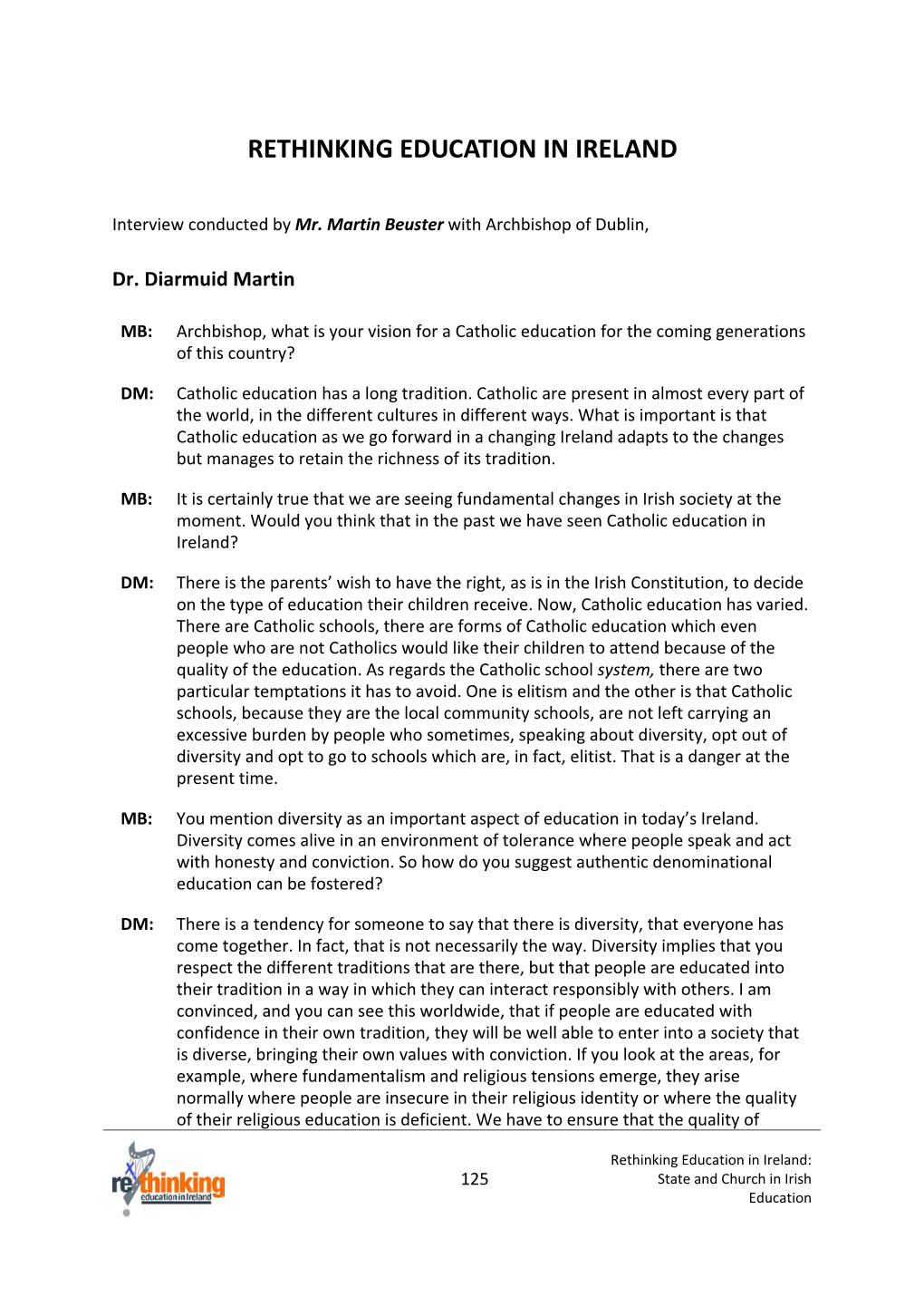 Rethinking Education in Ireland: 125 State and Church in Irish Education