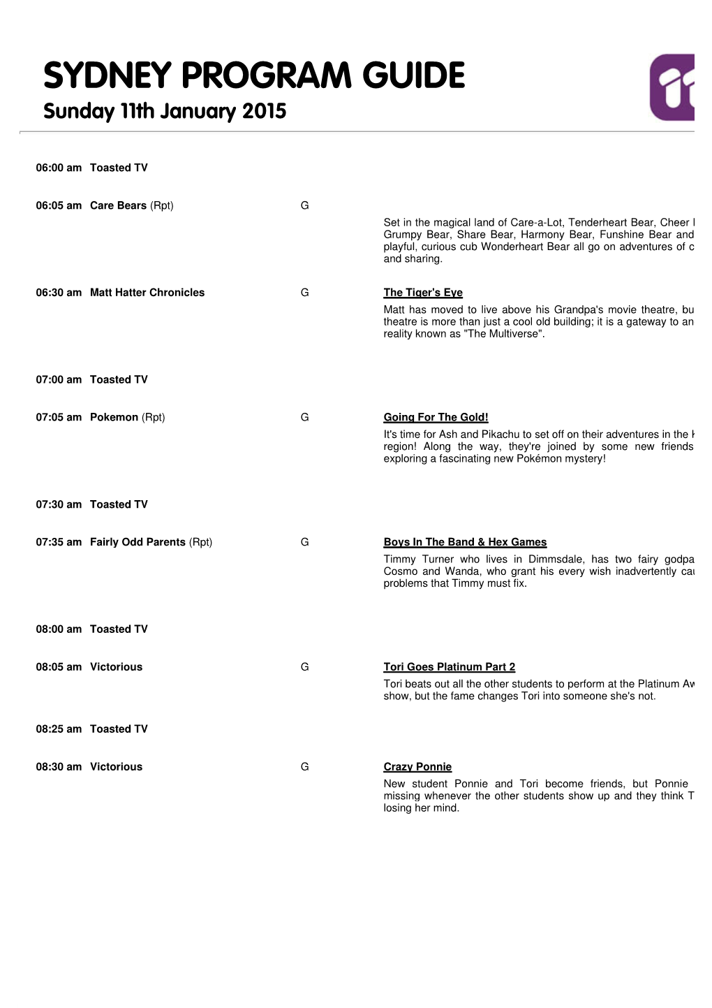 SYDNEY PROGRAM GUIDE Sunday 11Th January 2015