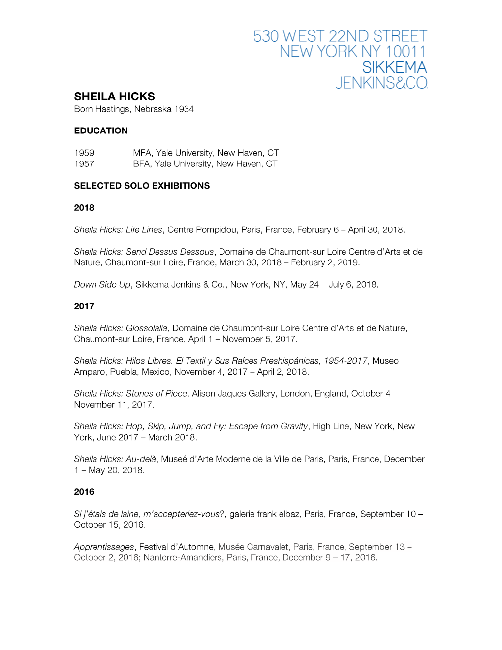 Sheila Hicks CV