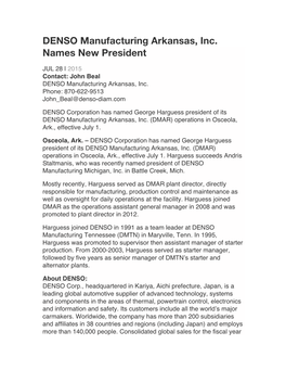 DENSO Manufacturing Arkansas, Inc. Names New President