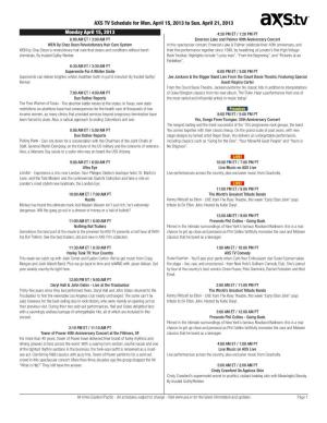 AXS TV Schedule for Mon. April 15, 2013 to Sun. April 21, 2013 Monday