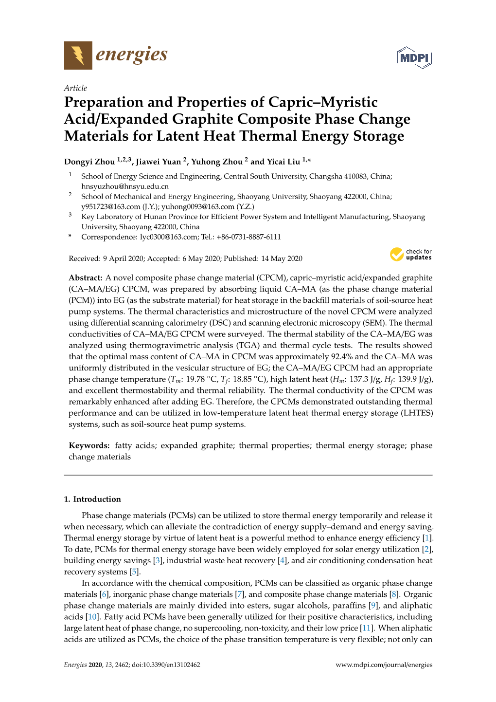 Preparation and Properties of Capric–Myristic Acid/Expanded Graphite Composite Phase Change Materials for Latent Heat Thermal Energy Storage