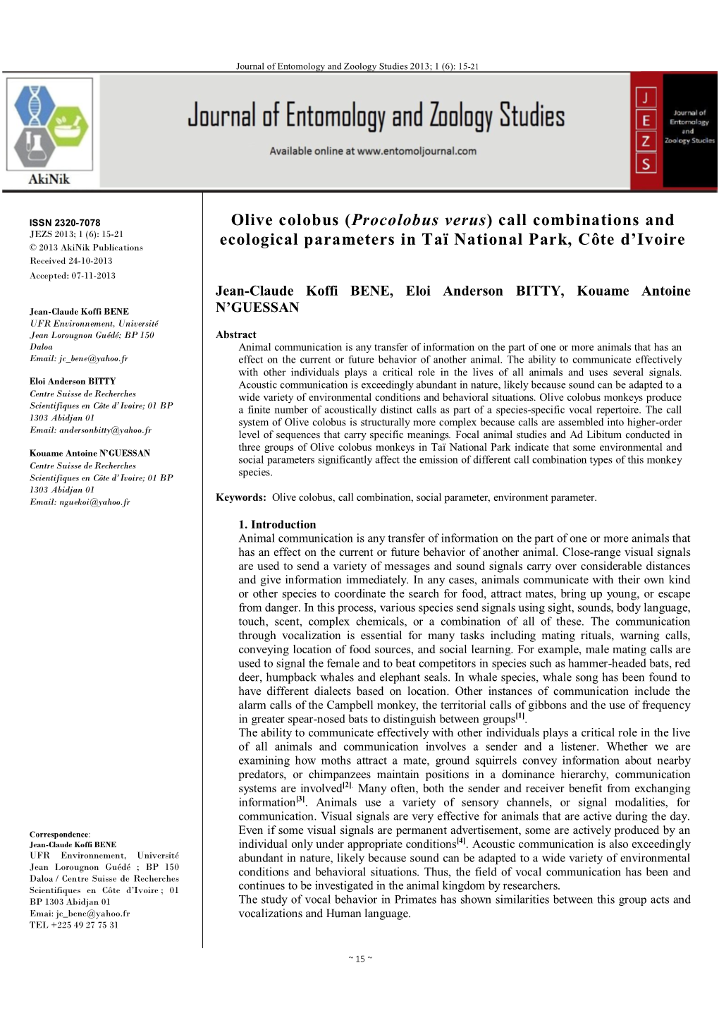 Olive Colobus (Procolobus Verus) Call Combinations and Ecological