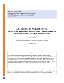U.S. Sanctions Against Russia: Theory, Scope, and Intended and Unintended Consequences for the Investment Behavior of Russian Business Owners