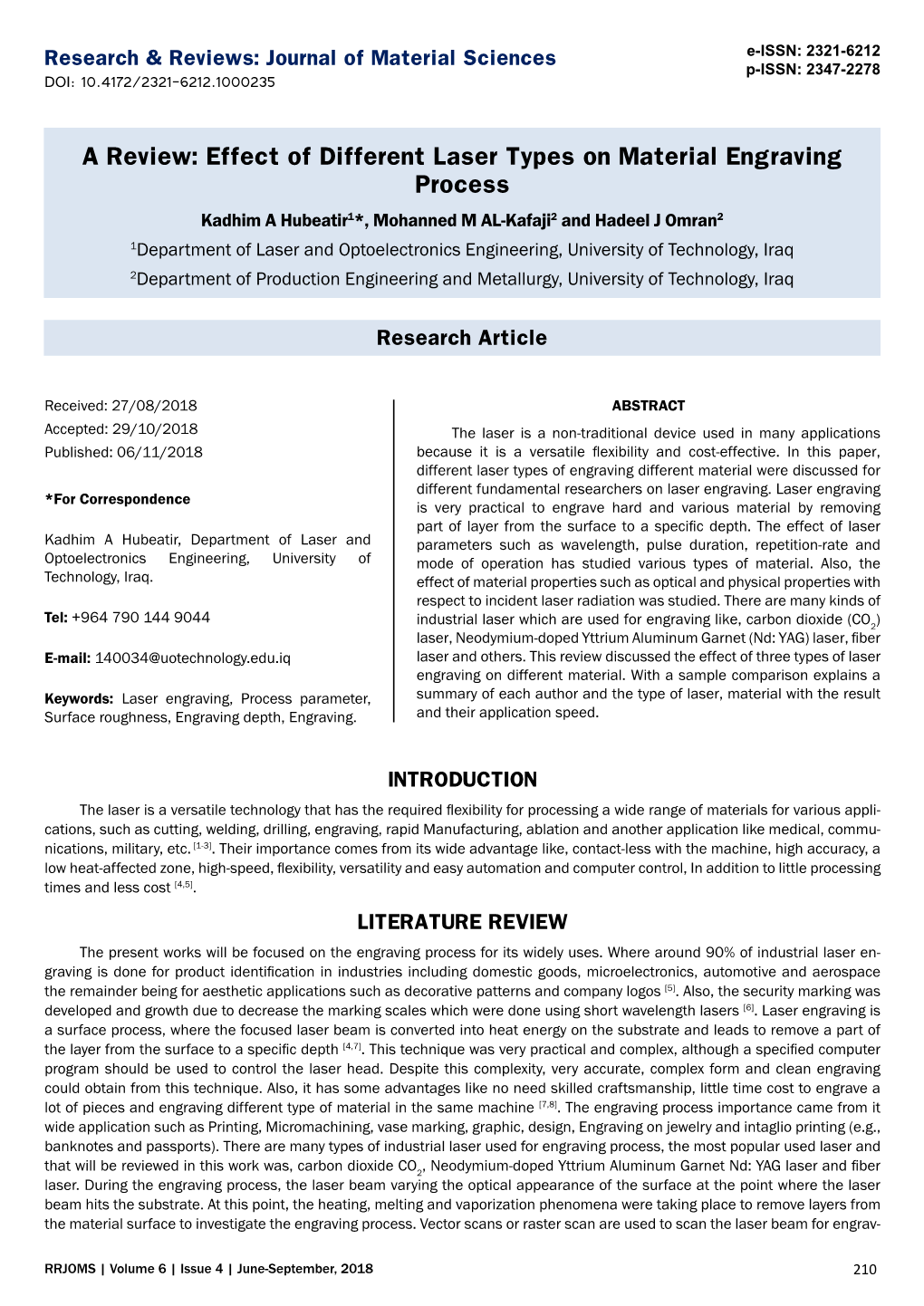 A Review: Effect of Different Laser Types on Material Engraving Process