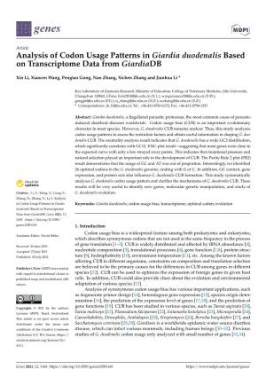 Analysis of Codon Usage Patterns in Giardia Duodenalis Based on Transcriptome Data from Giardiadb